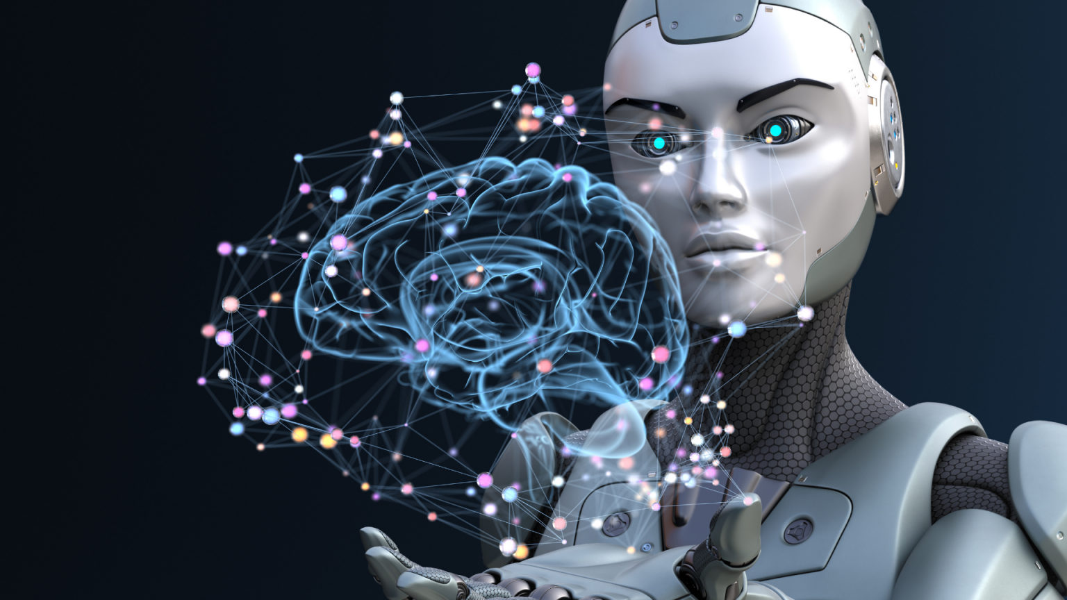  A female robot holds a glowing blue brain in her hand, which represents the role of myths in modern society.